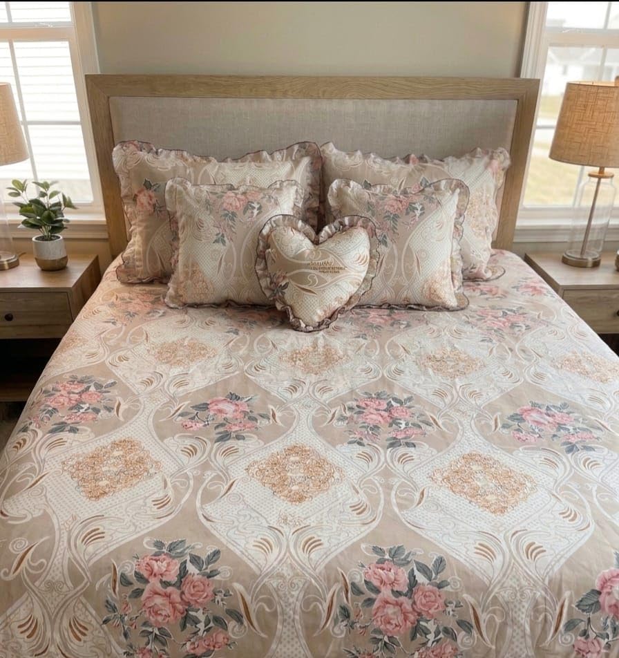 Floral Printed Bedspread Set with Pillow Covers, Beige and Pink, Quilted, Heart Cushion Included-image-24