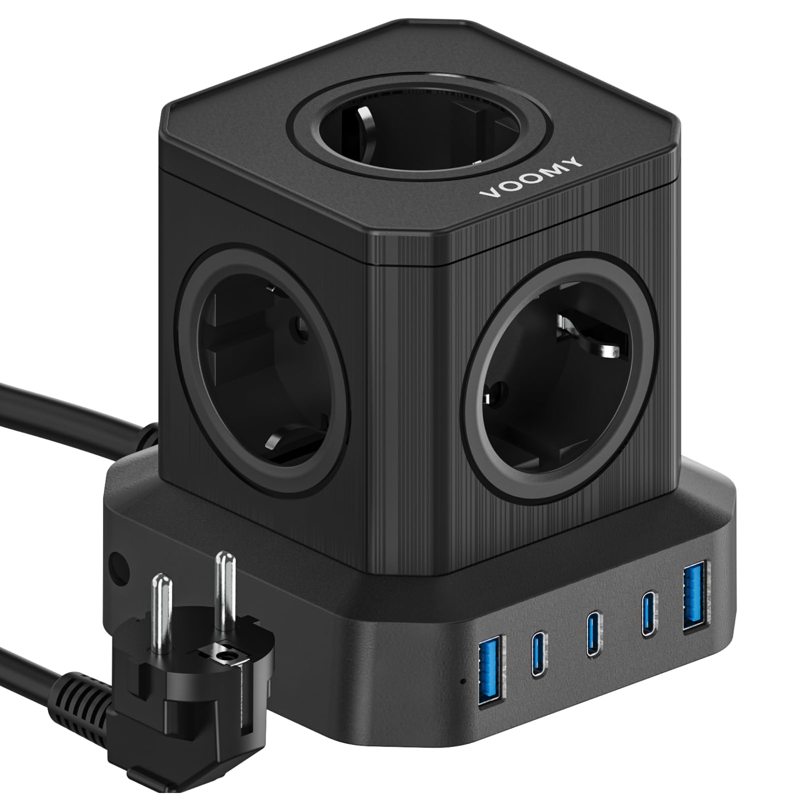 VOOMY USB stekkerdoos 100W voor snel opladen, 10 voudige stekkerdoos met schakelaar, voor familie, keuken en kantoor met 3 USB-C en 2 USB-A 2M 4000W zwart VOOMY USB stekkerdoos 100W voor snel opladen, 10 voudige stekkerdoos met schakelaar, voor familie, keuken en kantoor met 3 USB-C en 2 USB-A 2M 4000W zwart