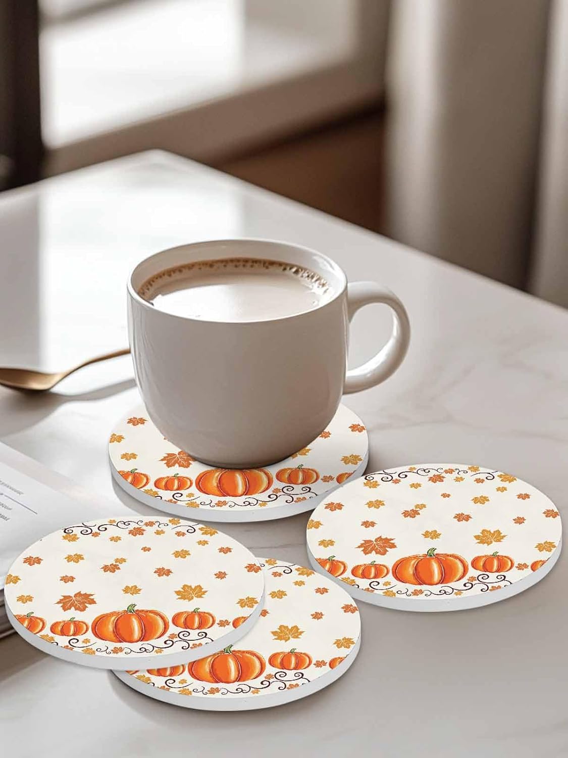 陶製コースター 円形 カボチャ 紅葉 田園 ベージュ 吸水 4枚セット 直径10.3cm&times;厚さ0.6cm 速乾 杯垫 滑り止め 耐熱