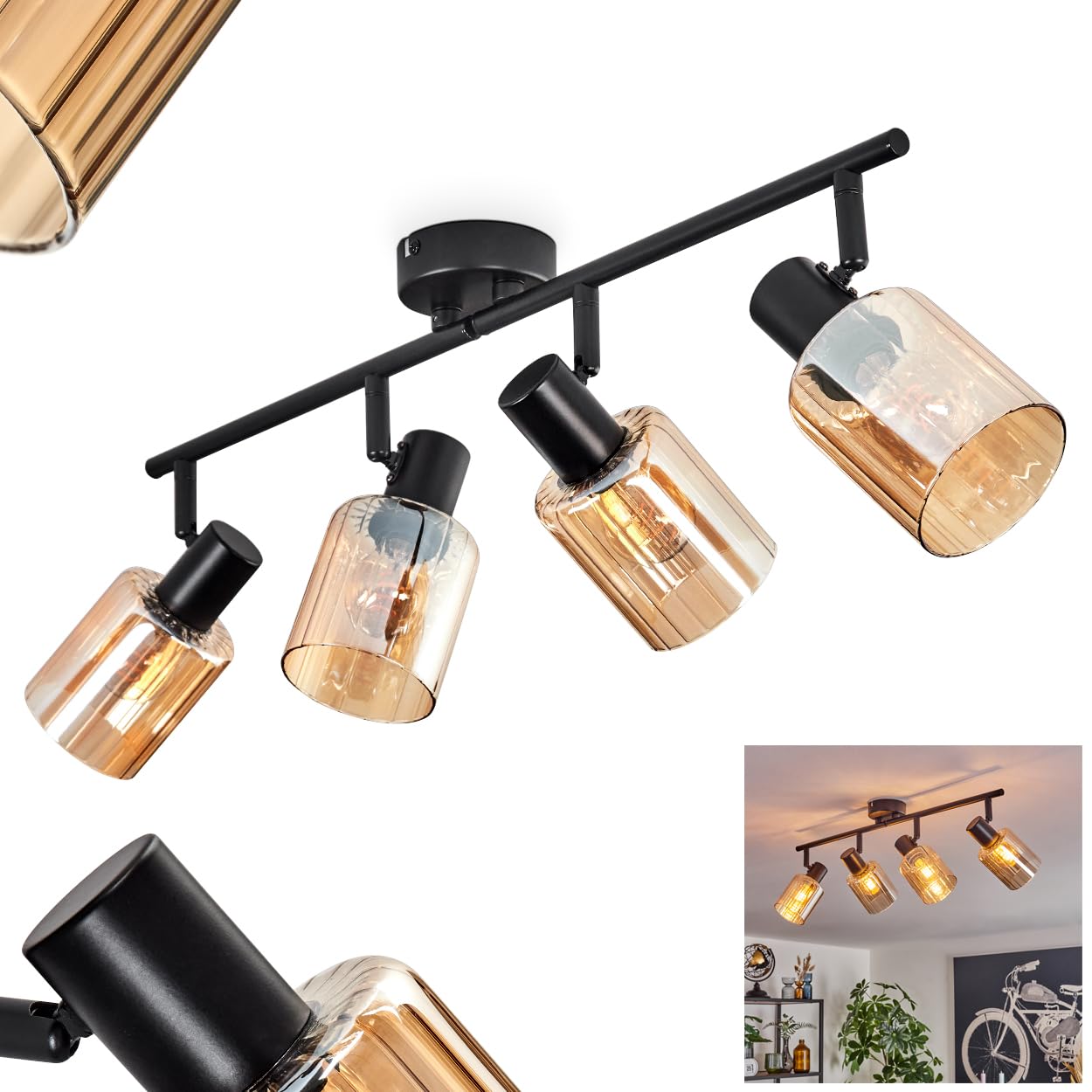 Hofstein Black/Amber Ceiling Lamp Aggebo, Ceiling Lamp Made Of Metal/Glass In Lamp In Modern Retro/Vintage/Industrial Design With Glass Shades (Ø 8 Cm), 4 X E14, Without Bulbs