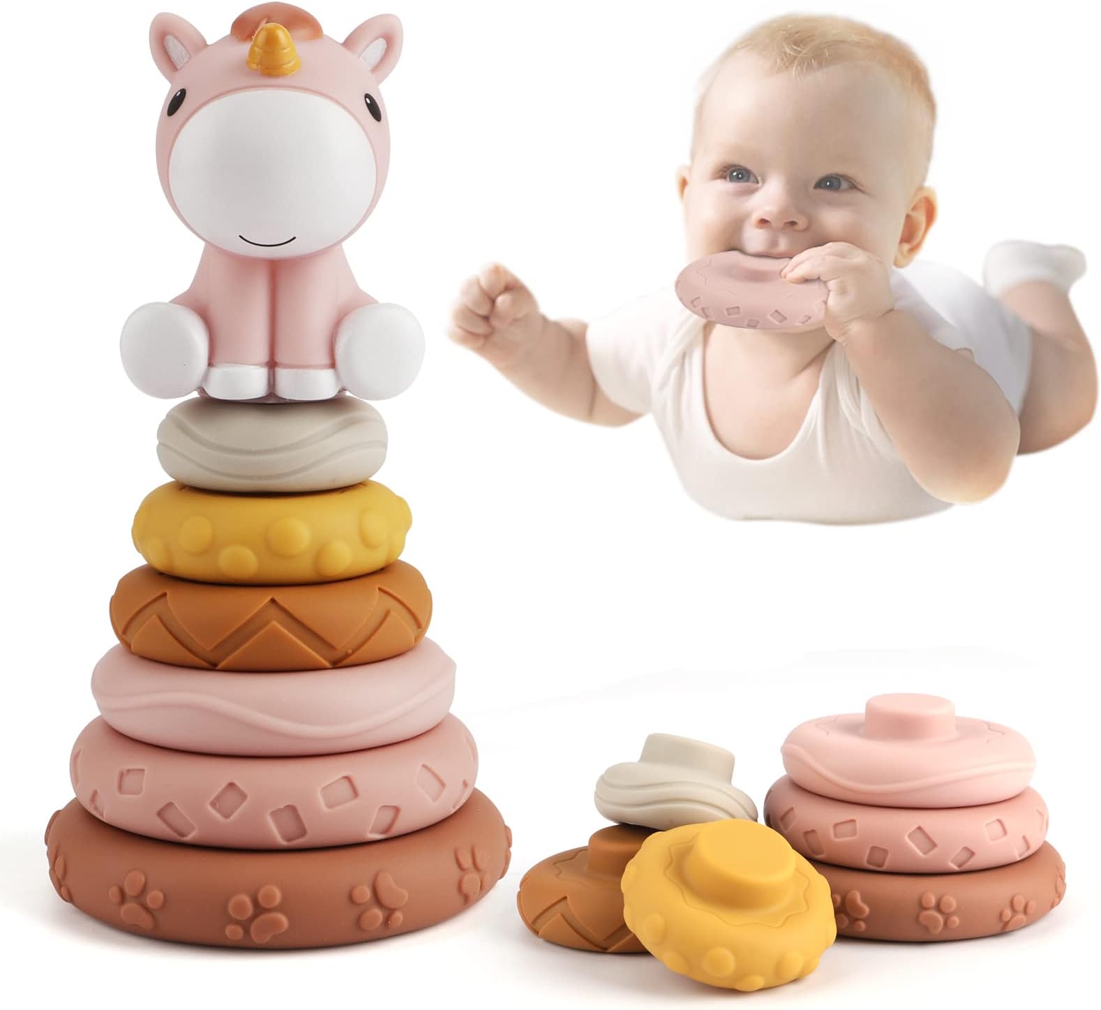 Edulike 7 Pcs Stacking & Nesting Baby Toys, Squeeze Teething Baby Toys and Building Circle with Horse Figure, Early Educational Christmas Toy Gifts for 6 Months Baby Toddler Girls (Classic Edition)