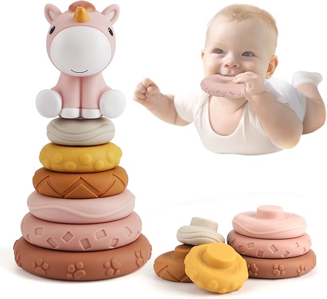 Edulike 7 Pcs Stacking & Nesting Baby Toys, Squeeze Teething Baby Toys and Building Circle with Horse Figure, Early Educational Christmas Toy Gifts for 6 12 18 Months Baby Toddler Boys Girls