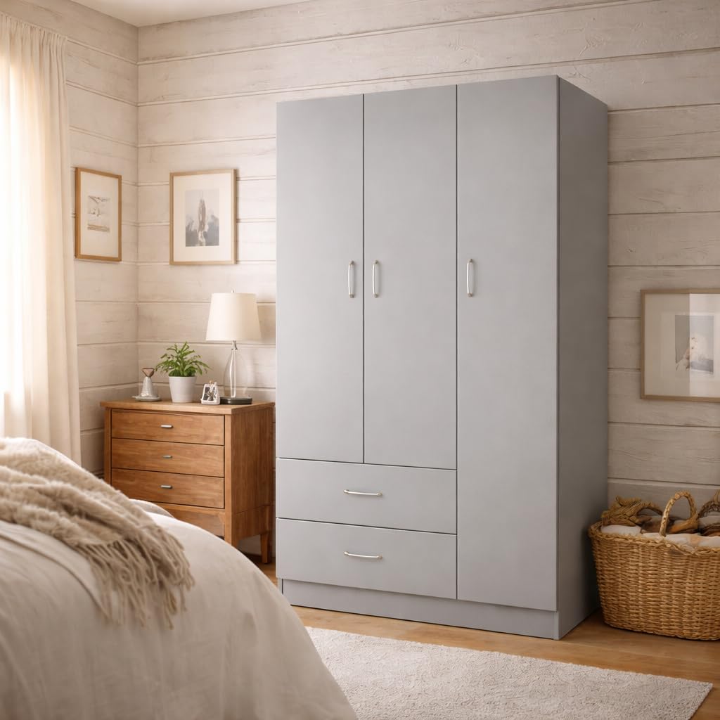 Armadio Guardaroba 80x50x180h CM - 3 Ante, 2 Cassetti, Ripiani, Appendiabiti Alto, Maniglie, Struttura in Legno Truciolare, Spazioso, Salvaspazio, Cabina Armadio, Camera - (Grigio)