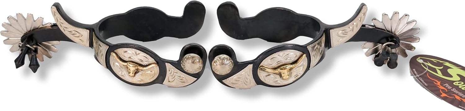 Southwestern Equine Western American Cowboy Texas Longhorn 16pt Jingle Bob Spurs and Leather Basket Weave Spur Straps (Black SteerheadJinglebob Spur)