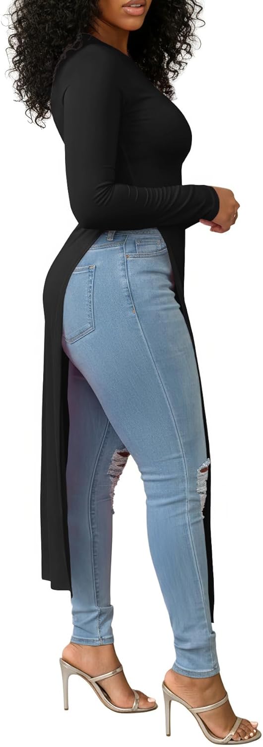 OPOIPIN Women's Crew Neck Split Slit Hem Long Sleeve Slim Fit Tee Top Long Shirt Tunic - Image 4