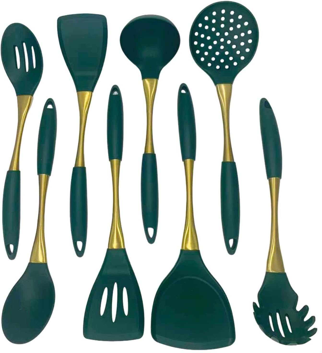 8-Piece White Kitchen Utensil Set with Gold Handles, Stainless Steel Cooking Tools, Includes Spatulas, Ladle, Spoons for Nonstick Cookware (Gold and Green)