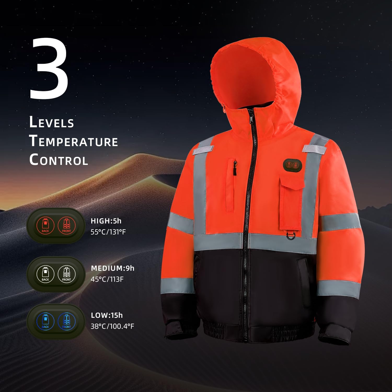 Safety Heated Jacket, 14000mAh Battery Rechargeable, Class 3 High Visibility Waterproof Work Construction Coat - Image 3