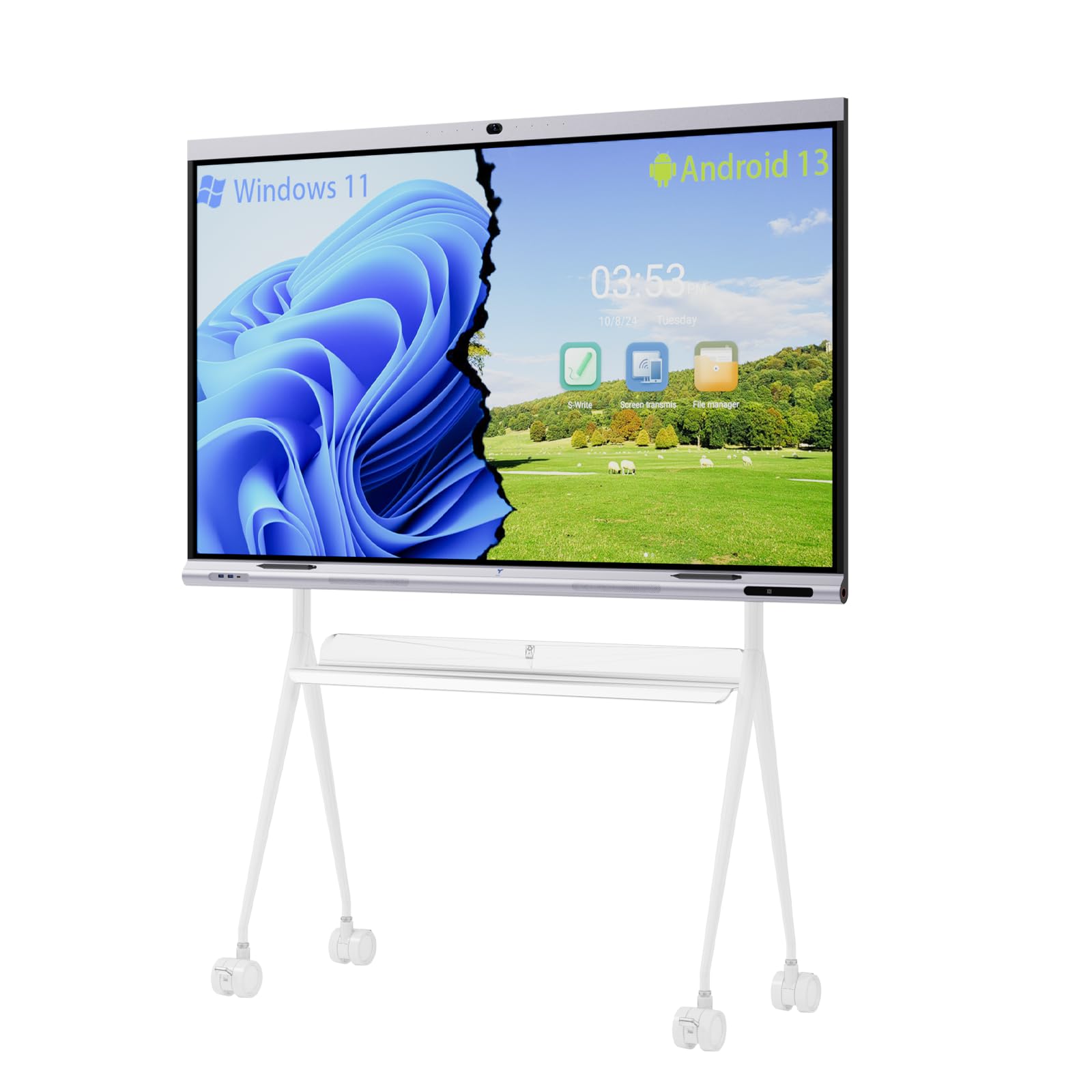 Tiburn INSPUR 65" Ultra 4K UHD Smart Board | Android 13 & Windows 11 Pro Dual OS, 8-Line Array Mic, Auto-Framing Webcam, Enterprise whiteboard for Office, Classroom, Conference Wall Mount Included