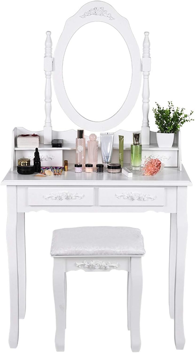 Vanity Table,Makeup Dressing Table with Oval Mirror, Bedroom Vanity Set w/Cushioned Stool 4 Drawers, White, Large
