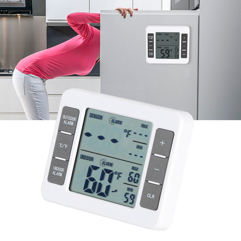 Digitale Termometro per Frigorifero Senza Fili Termometro del Frigorifero di Facile Lettura Internoesterno con Ampio Display LCD Memoria ad Alta Temperatura Bassa e Funzione di Allarme Udibile