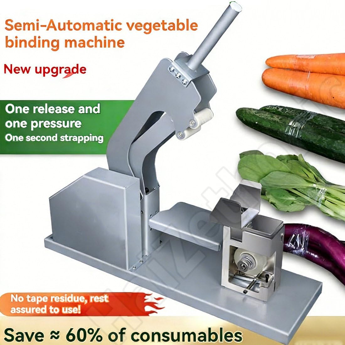 Máquina de atado de verduras y frutas con múltiples agujeros de posicionamiento y función de elevación para un fácil embalaje