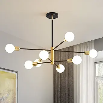 Deyidn Sputnik Chandelier Mid Century Modern Industrial E26 Pendant Lighting Chandeliers Ceiling Light Fixture Black and Gold Light for Living Room,Kitchen,Bedroom,Dining Room and Farmhouse