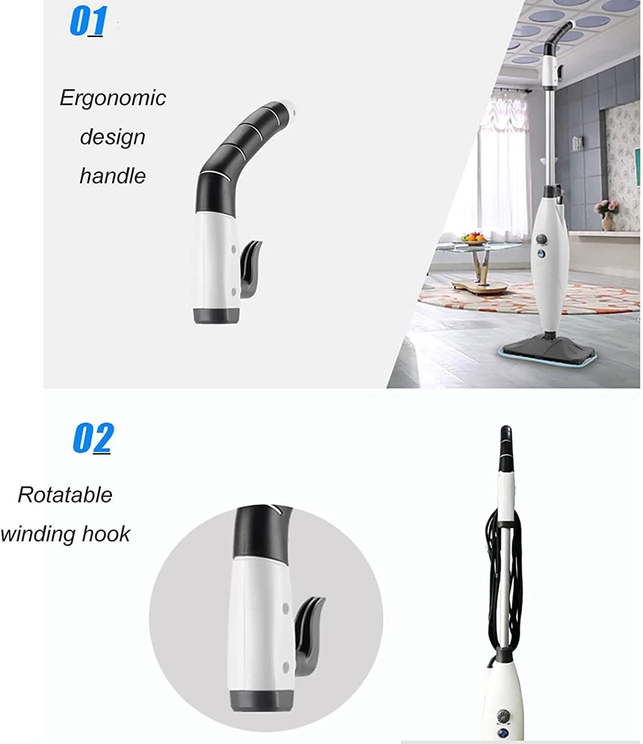 Steam Mop Cleaner Handheld Steam Cleaner Floor Steamers for Hardwood Laminate Tile Floor Multi-Functional Steam Mops (White)