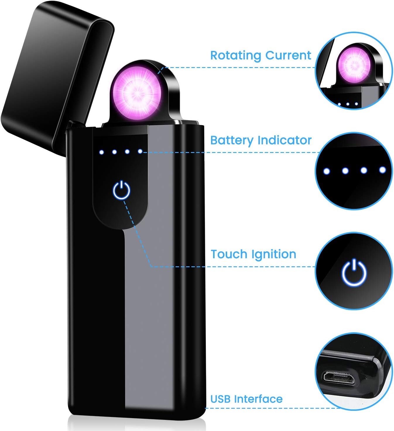 HOCOSY Electric Lighter, Windproof Rotating Arc Lighter, USB Rechargeable Plasma Lighter with Gift Box, Flameless, Battery Indicator Lighter for Candle and Outdoor Camping, Black