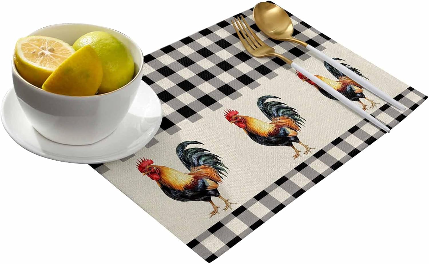 Placemats for Dining Table, Rooster Black Buffalo Check Plaid Vintage Farm Cock Chicken Heat-Resistant Non-Slip Burlap Place Mats for Kitchen Table Wedding Party, Set of 6