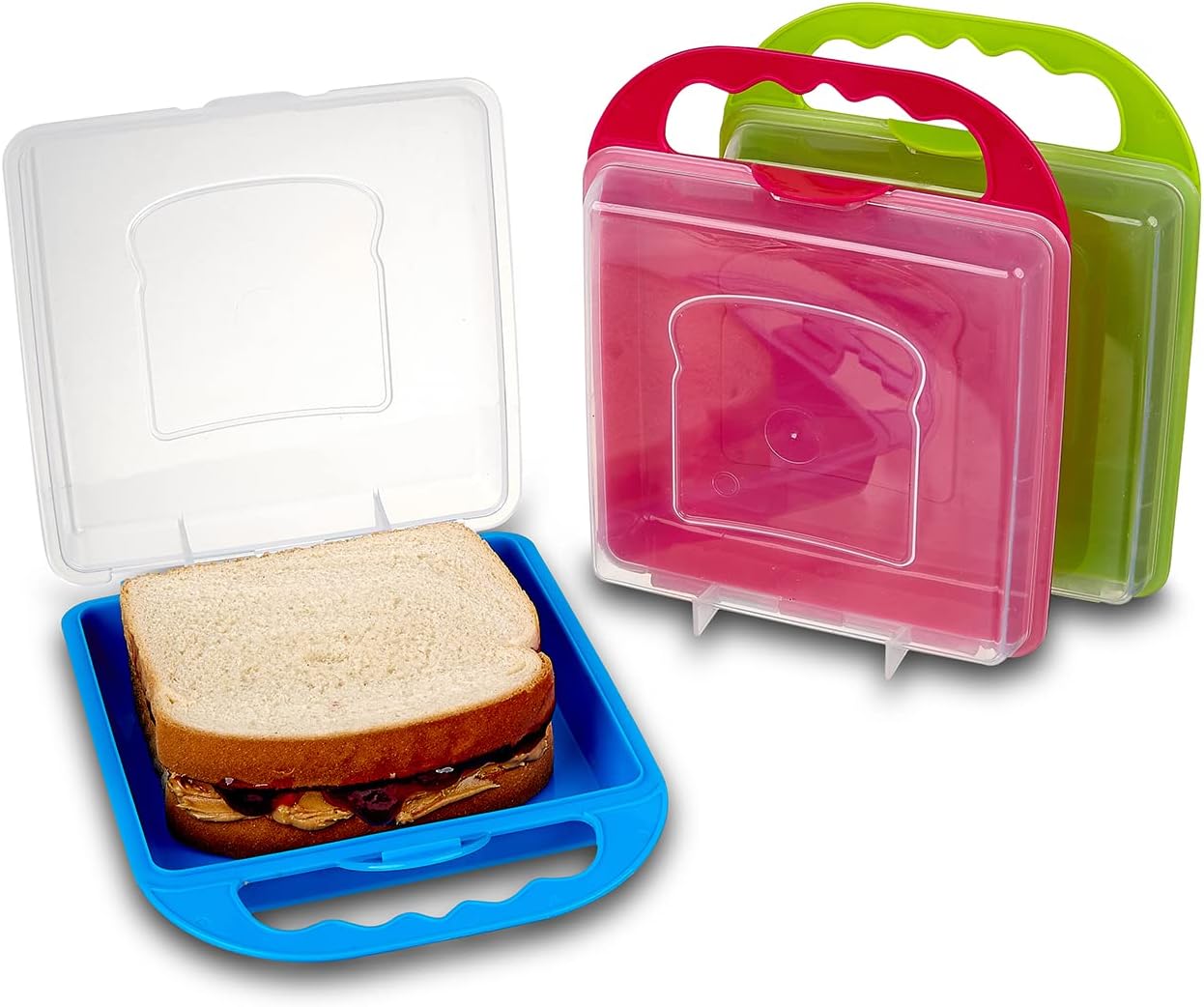 Kitchen & Cabana I 3 Pack of Sandwich Containers I Reusable I BPA Free I Perfect for Smaller Sized Sandwiches I 3 Bright Colors I Easy to Open Lids I Snap Shut with Fun Carrying Handle (3 Pack -