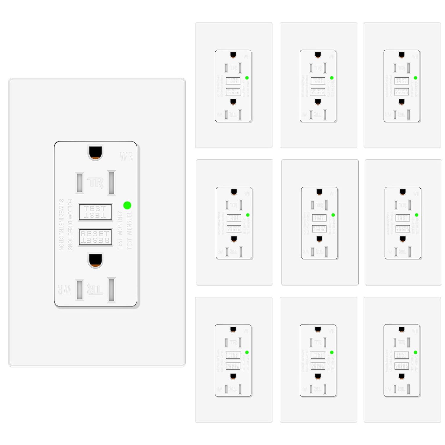 15 Amp GFCI Outlet, TR & WR Ground Fault Protector with LED Indicator, Tamper & Weather Resistant GFI Electrical Receptacle, ETL FCC Certified, Wallplate Included(10 Pack, White)