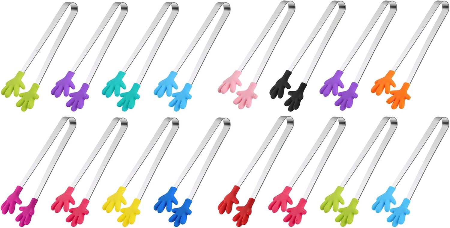 Mini Food Tongs Set, 16PCS 5.1 Inch Stainless Steel Silicone Tip Tongs for Kids Candy Snacks Fruit Ice Chips