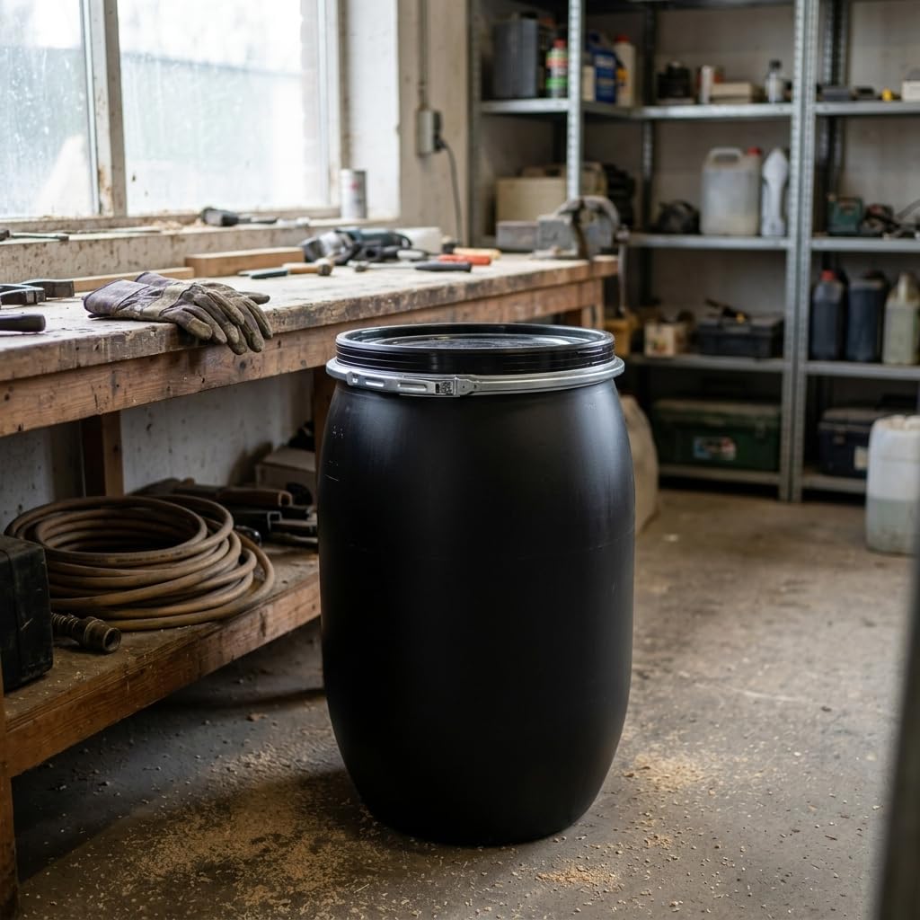 2X 120 Liter Weithalsfass Schwarz mit Deckel, Spannring und Dichtung, UN-Zulassung, HDPE Kunststofffass, Deckelfass, Lagerfass, Regentonne, Universalfass für Garten, Garage und Lager