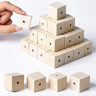 100 Pcs 1" Wood Cubes with Holes Unfinished Wooden Square Beads Solid Wood Blocks for Crafts DIY Projects Jewelry School Model Making Furniture Repair Home Farmhouse Garland Decoration