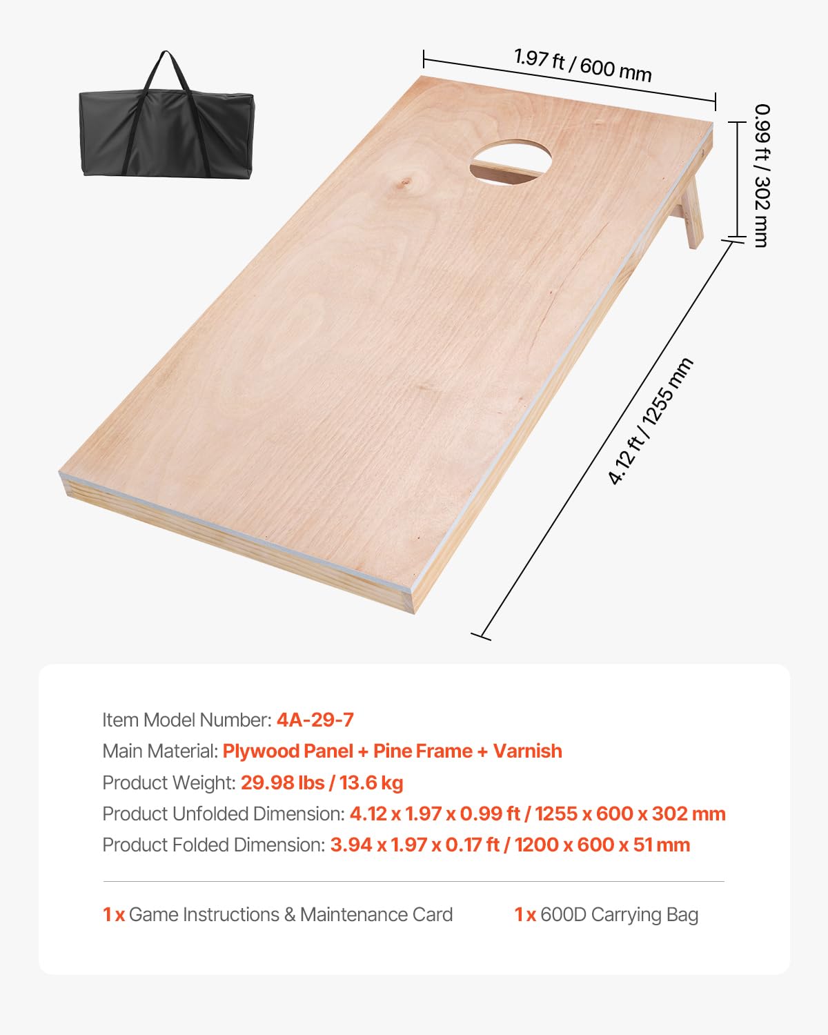 VEVOR Cornhole Spiel Set (1255 x 600 x 302 mm) Cornhole-Spielbretter, tragbares Wurfbrett aus Massivholz, Cornhole-Spiel für Erwachsene, inkl. Tragetasche, für Garten Hinterhof Strand Camping