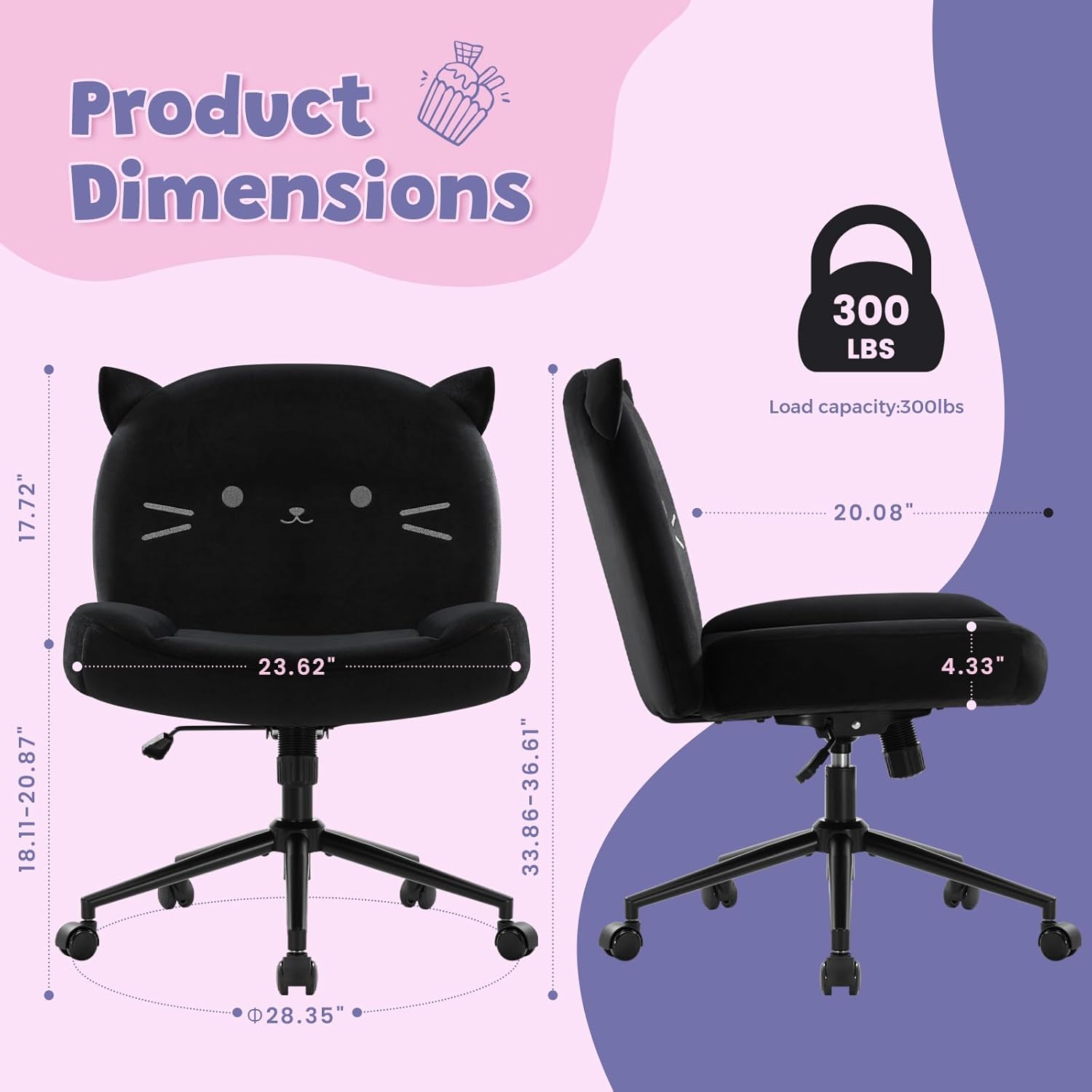 IWMH Armless Office Desk Chair with Wheels,Ergonomic Criss Cross Legged Computer Chair with Fabric Padded, Height Adjustable Wide Seat Vanity Chairs,Mid Back Task Chair for Home, Bedroom (Black)
