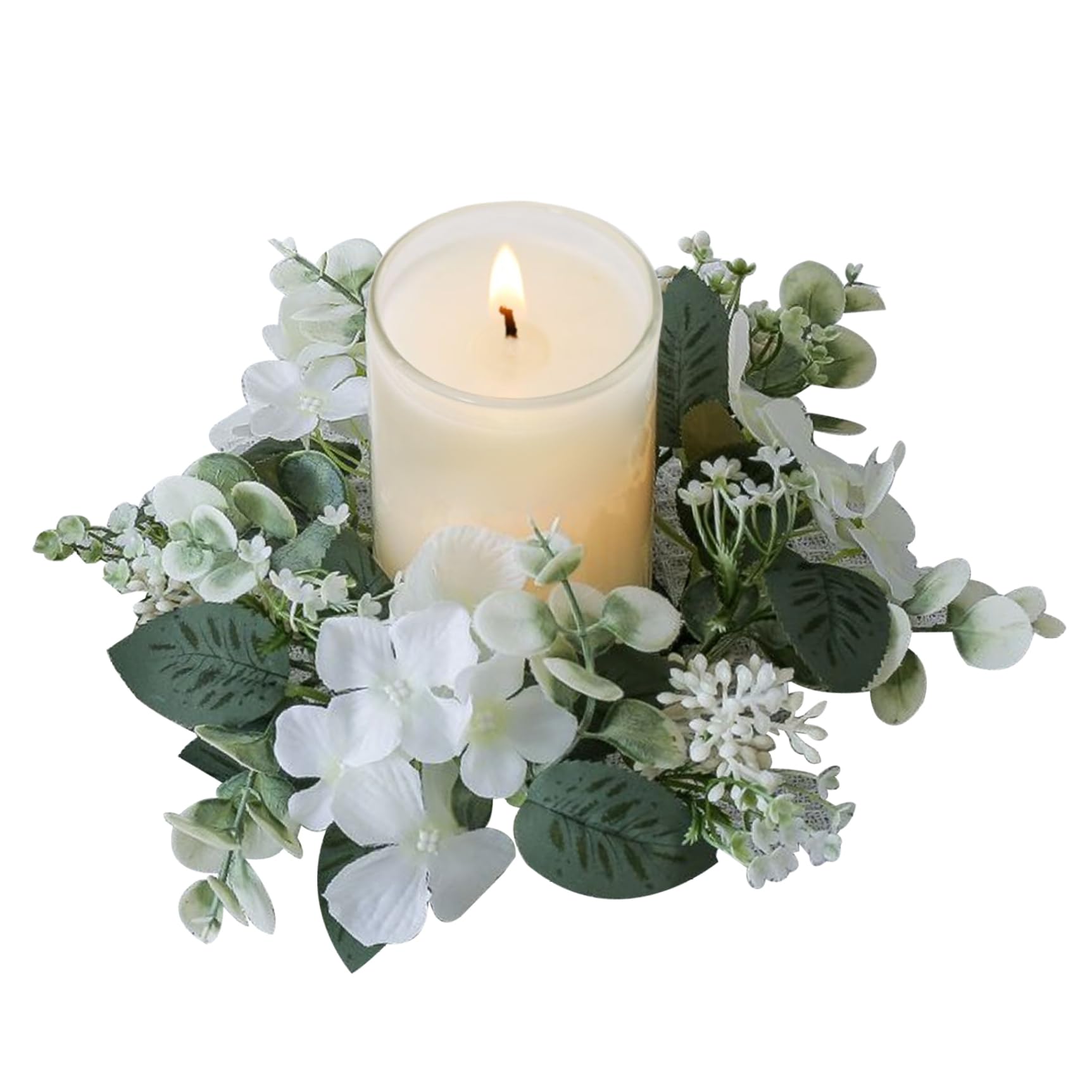 Floral Candle Rings Floral Candle Rings 10 Inch Small Wreath Artificial for Pillars Hydrangeas Wreaths for Wedding, White