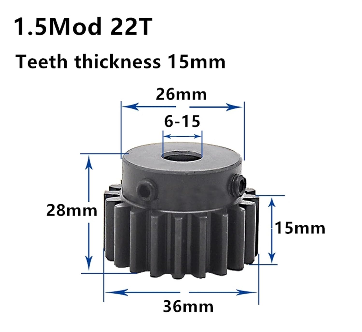 Industrial helical Gear 1.5M 22T High Frequency Blackening Spur Gear Pinion Teeth Width 15mm 1.5mod Gear Rack 20teeth Bore 6-20mm(8mm)