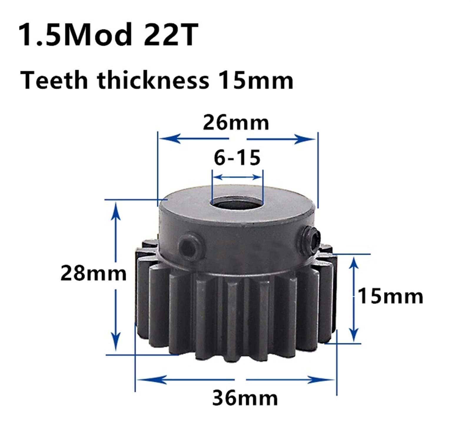Bevel Gear Pinion Hardware Mechanical 1.5M 22T High Frequency Blackening Spur Gear Pinion Teeth Width 15mm 1.5mod Gear Rack 20teeth Bore 6-20mm(12mm)