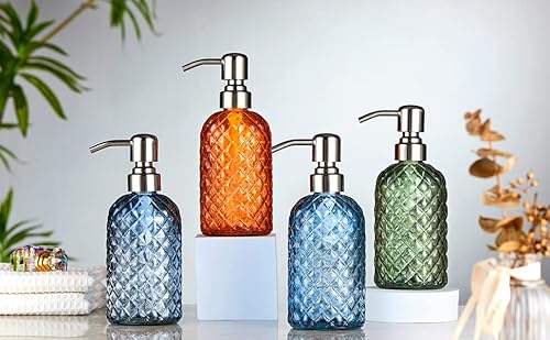 Aywaiw 12Oz Kitchen Glass Soap Bottle, Bathroom Soap Dispenser, 304 Rustproof Stainless Steel Pump, Refillable Liquid Glass Soap Dispenser(Blue Grey) #TOP6