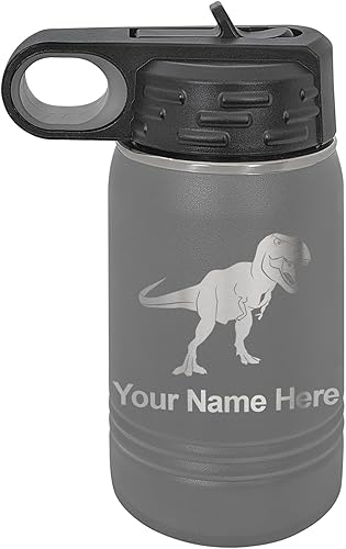 Vista 304 de LaserGram Botella de agua personalizada, dinosaurio tiranosaurio Rex, acero inoxidable de doble pared aislada al vacío con popote superior, regalo