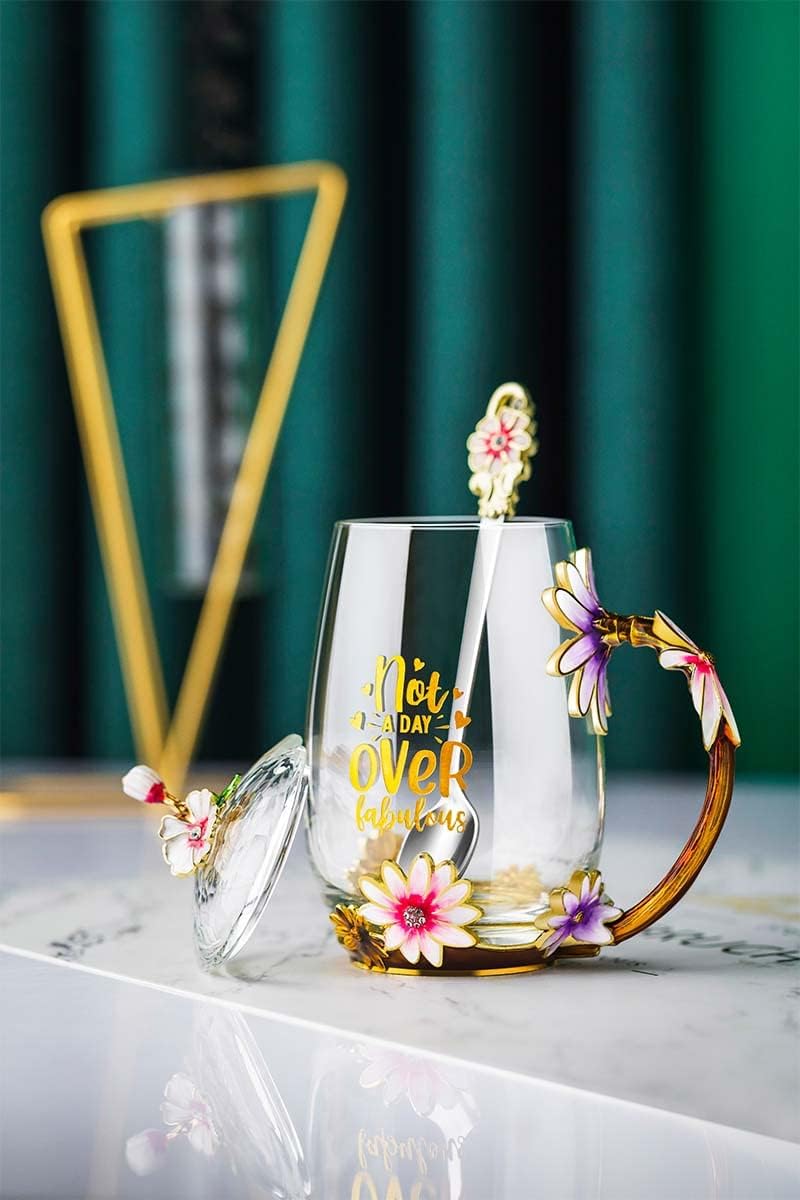 Luka Tech Birthday Gifts for Women Not A Day Over Fabulous Enamel Flower Glass Mug with Spoon,Birthday Gifts for Her,Friends,Mum - Image 3