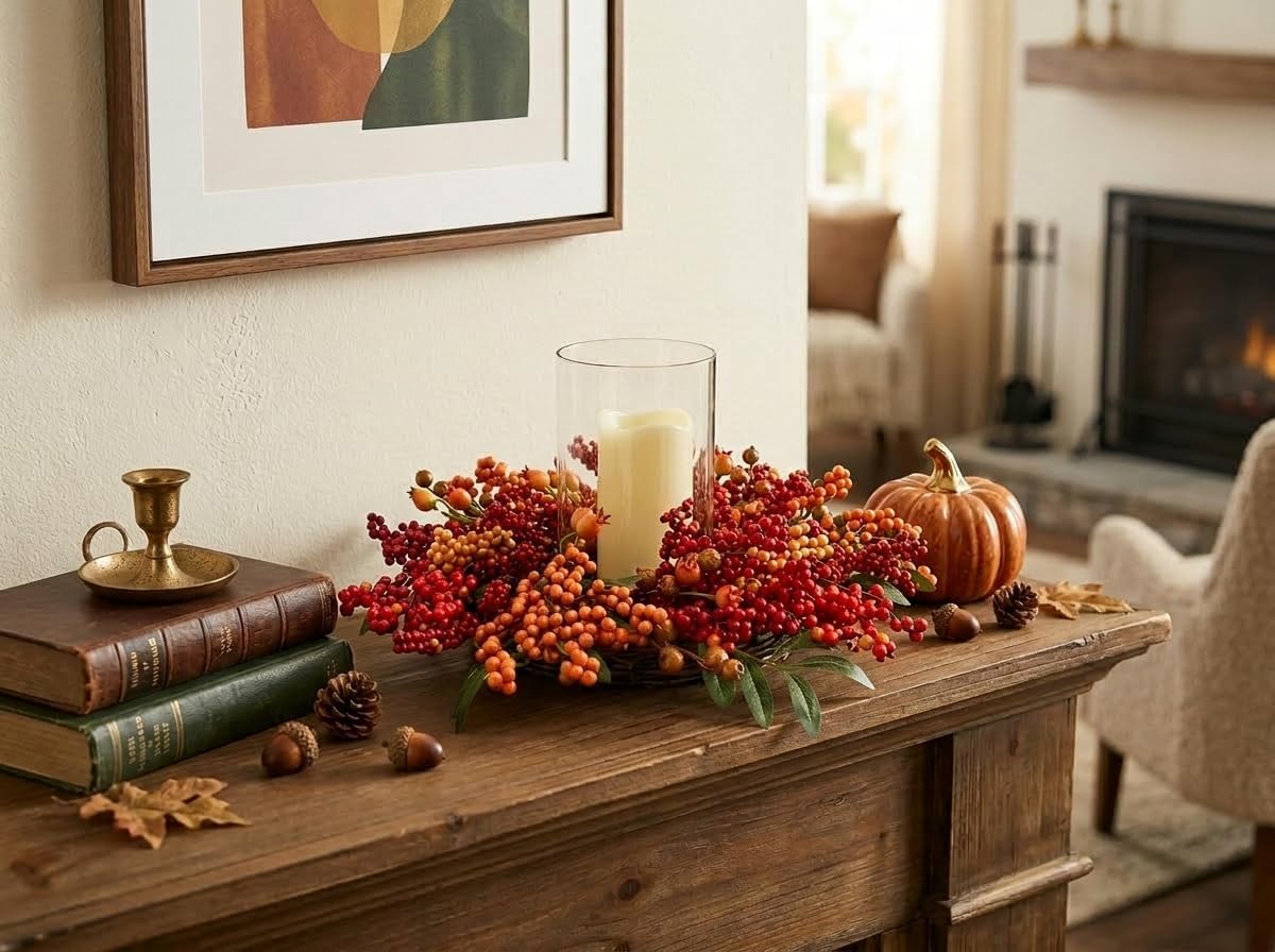 15" Fall Berry Candle Ring Centerpiece with Glass Hurricane Holder