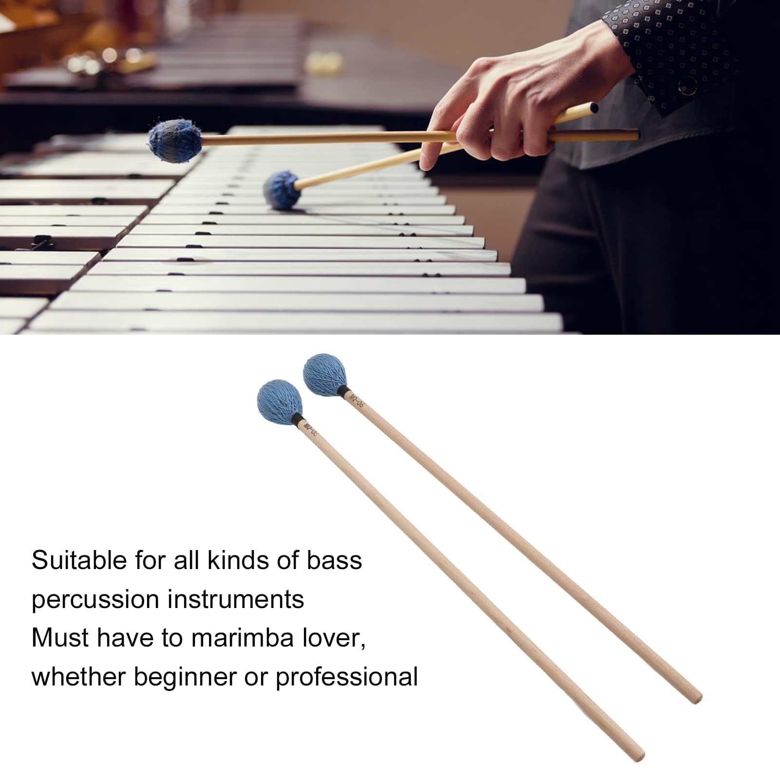 Mazzuolo Medio Duro, Mazzuolo in Filato Duro Liscio, Riproduzione Morbida 1 Paio di Bacchette per Marimba Professionali per Strumenti a Percussione (Blu)