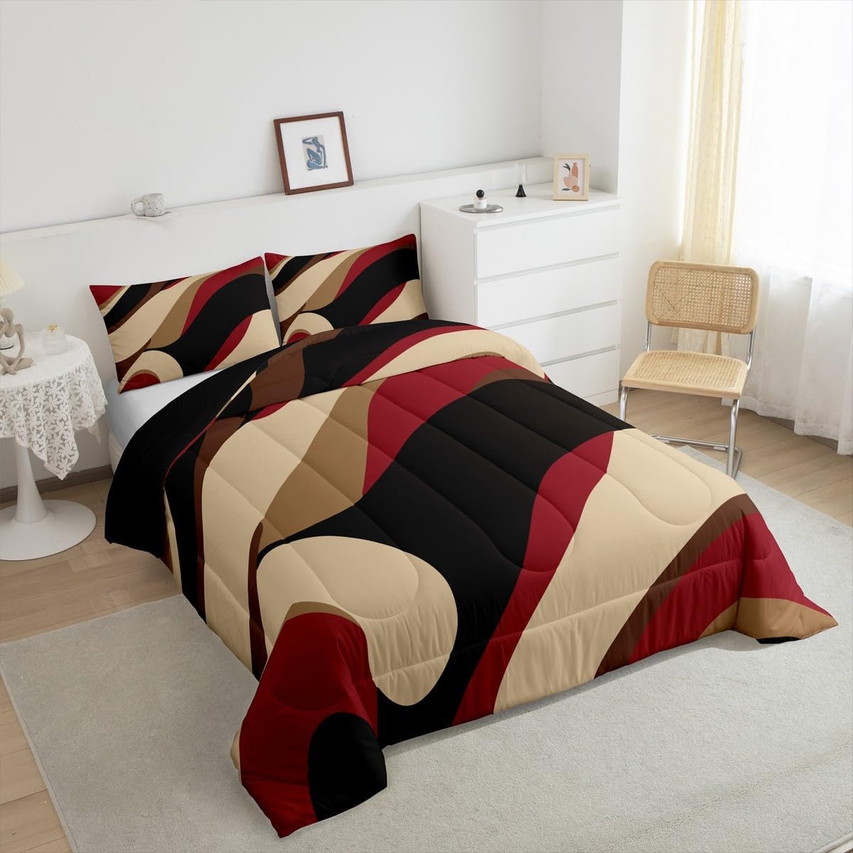 Castle Fairy Retro Abstract Bedding Set Queen Size,Red Black Brown Art Comforter Set for Kids Teens Adult Bedroom Decor,Geometric Stripes Quilt Set 3Pcs Patchwork Lines Duvet Insert,2 Pillowcases