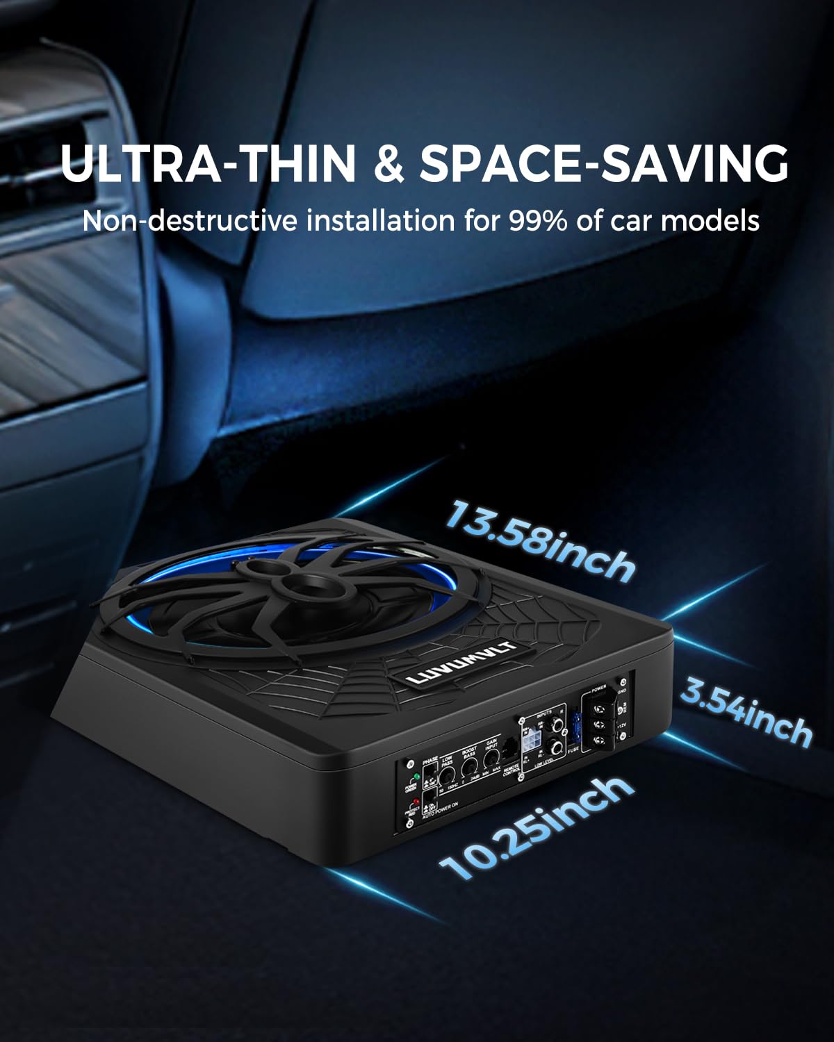 1200W 10" Car Subwoofer, Slim Under Seat Powered Subwoofer and Amp Package,High/Low Level Input, Car/Truck Audio Sub Built-in Amplifier amp Combo Package, with Blue LED Light