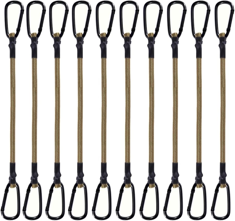 10 Pack Bungee Cords with Carabiner, Heavy Duty Outdoor Bungie Straps with Hooks, 200lbs Industrial Grade Elastic Bungee Rope for Securing Tarps, Backpack, Luggage, Tents, Bikes (Khaki, 24")