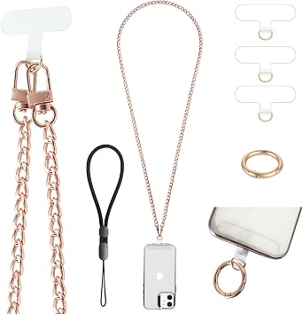 Crossbody Phone Lanyard Chain Shoulder Cell Phone Strap Charm Neck Chain with Wrist Strap 3 Pad Patches Tether