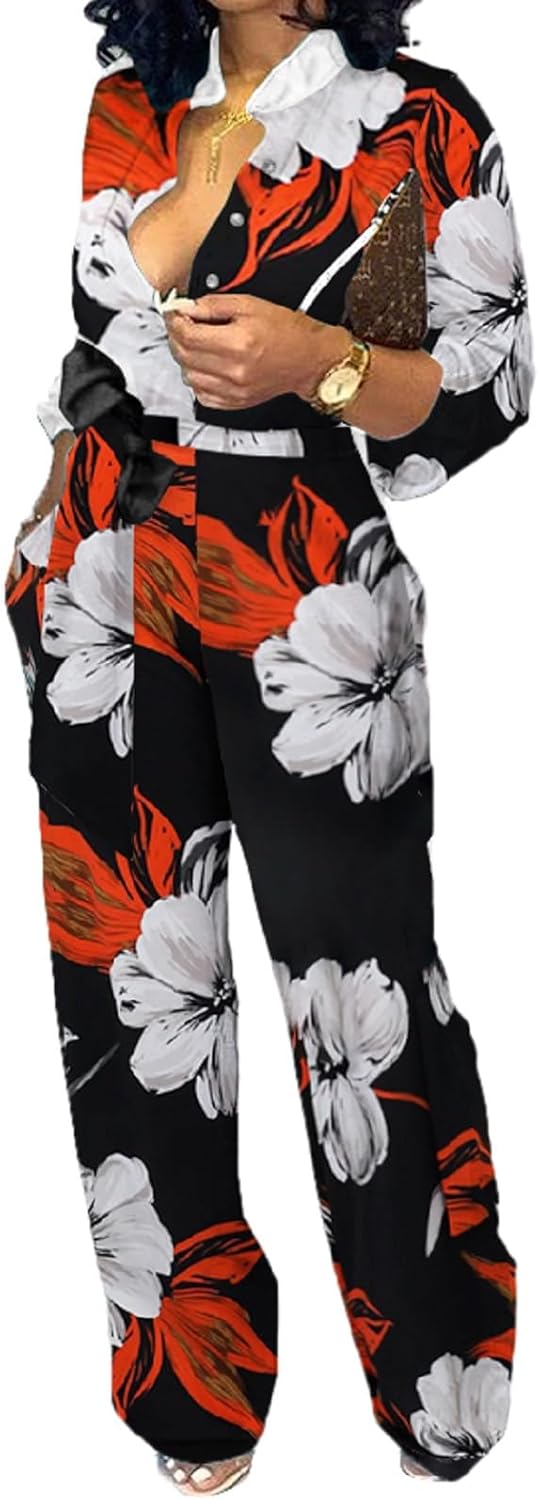 CuteCherry Women Jumpsuits Elegant Long Sleeve Sexy V Neck Casual Long Wide Leg Pants with Pockets Belt