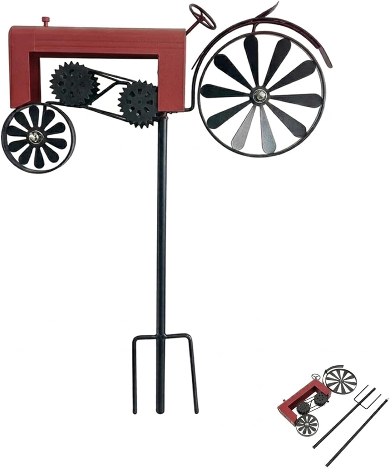 Vintage Tractor Wind Spinner, Tractor Ground Spinner Wind, Iron Yard Decoration with Hammered Wheel Spokes for Garden Yard Lawn Patio Decoration (red)