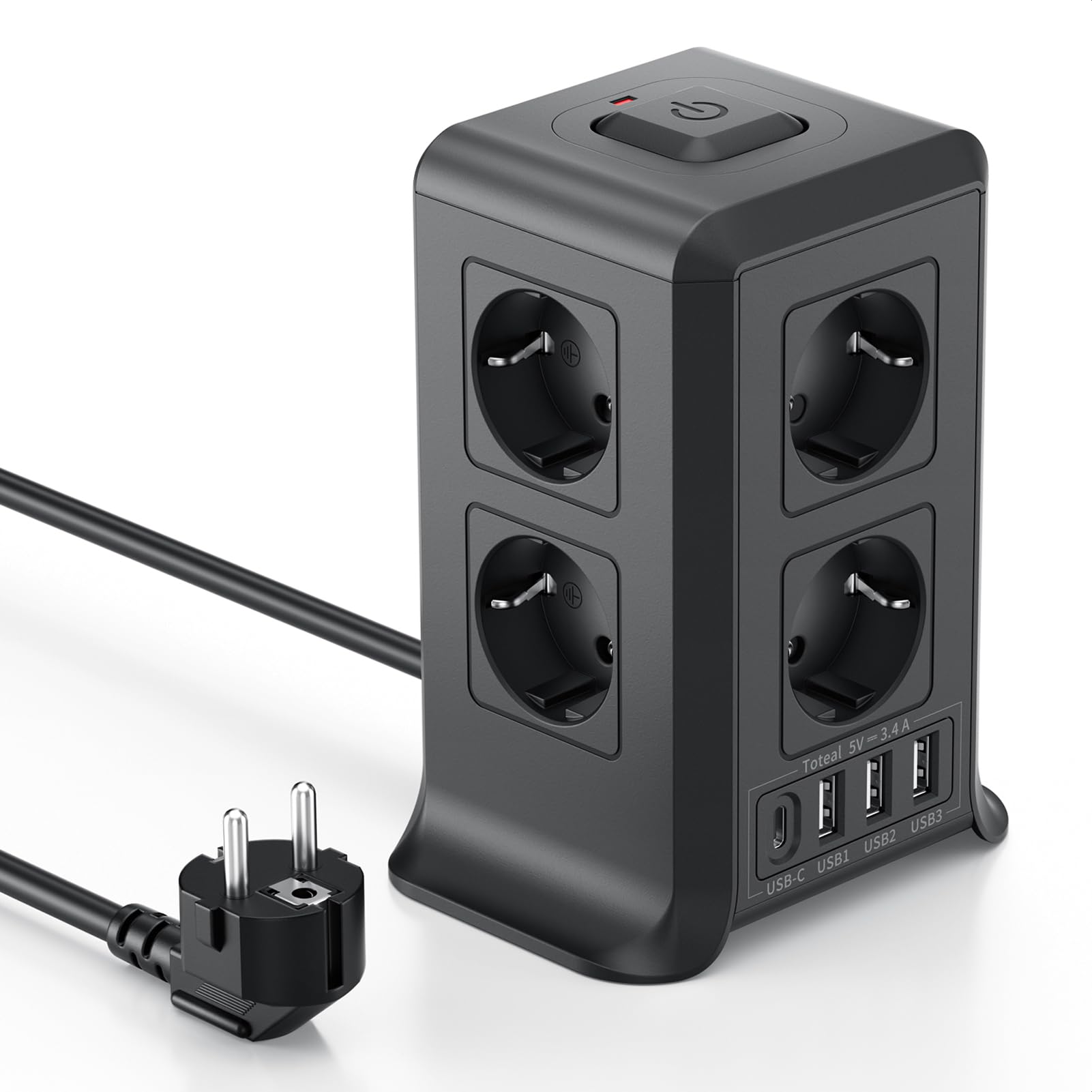 VOOMY Multipresa Verticale Con 12 Prese ITA, 2 USB-C 20W PD3.0 E 3 USB-A – 4000W, Protezione Sovratensione, 2 Interruttori E Cavo 2 M, Nero!