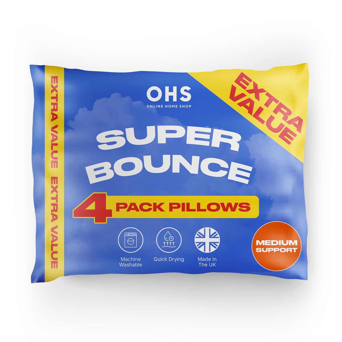 OHS Bed Pillows 4 Pack, Hotel Quality Side Sleeper Head Neck Support Super Bounce Back Bed Pillow Medium Firm Quick Rebound Hypoallergenic & Anti Dust Mite Washable Filled Hotel Pillows, White