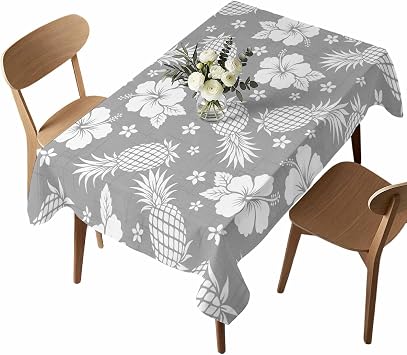 Rectangle Waterproof Table Cloths Summer Flower Pineapple on Gray Tablecloths Topper Cover Tropical Fruit Floral Plant Kitchen Dining Tablecloth for Indoor Outdoor Wedding Tables
