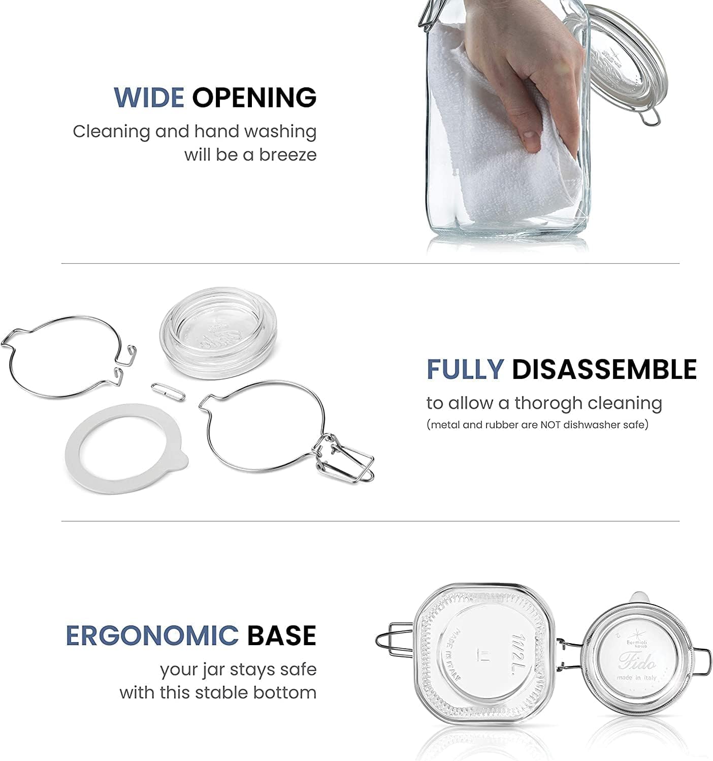 Bormioli Rocco Fido Collection, 6 Pack, 17 Oz. Food Storage Glass Jars, Airtight Rubber Seal & Glass Lid, With Stainless Wire Clamp, Made In Italy.