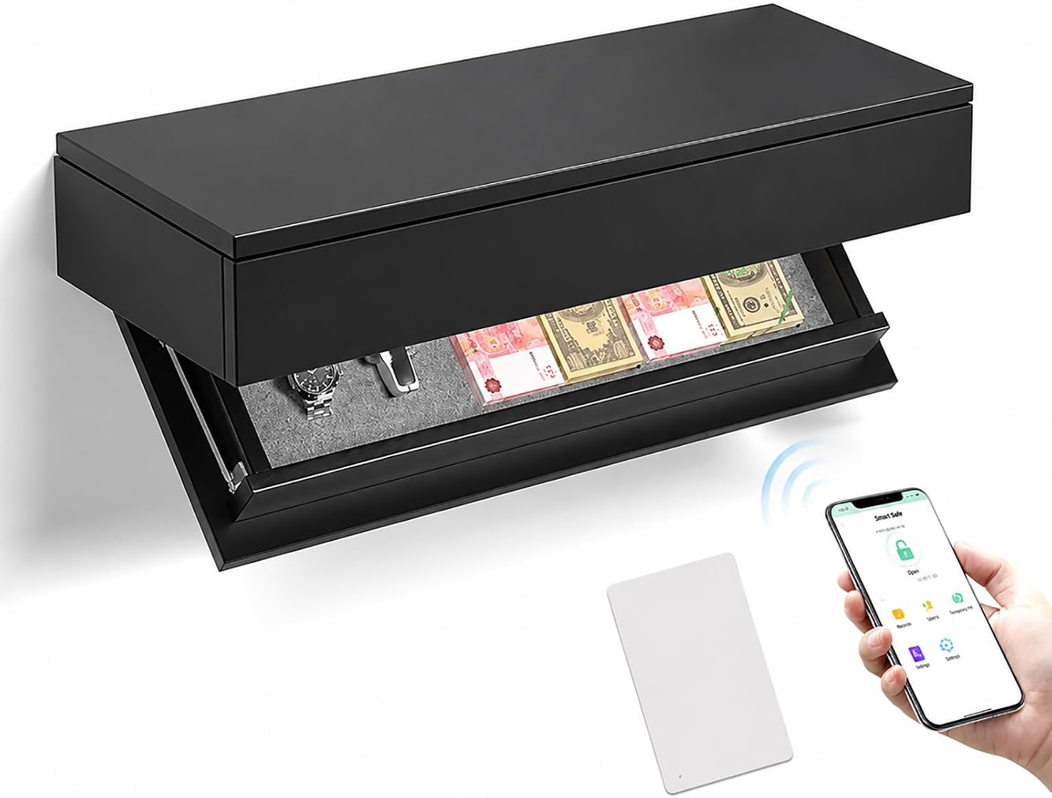 FIUZA Floating Shelf with Secret Compartment, Concealed Wall Mounted Storage Shelf, App Or Magnetic Card Unlocking, for Living Room Home Office Organization 60x30x14cm