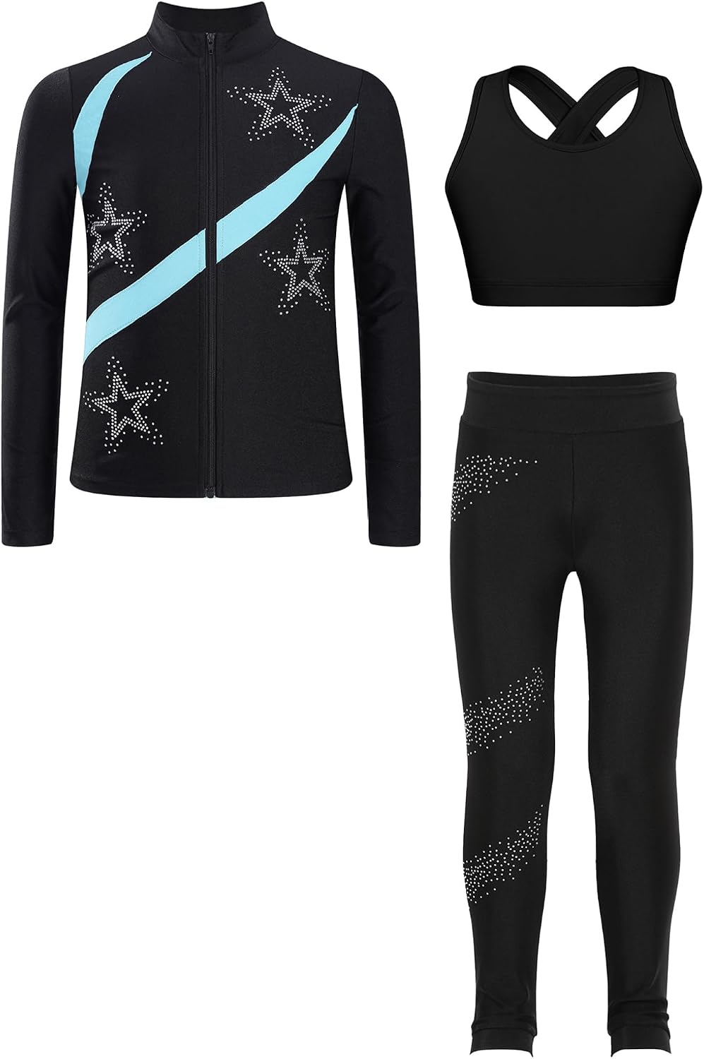 Oyolan Kids Girls Figure Skating Sports Suits Rhinestones Zipper Jackets Halter Tops with Pants for Ice Ballet Dance