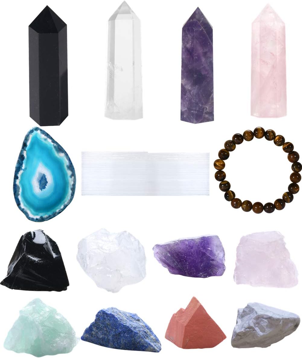 Luckeeper 15pcs Healing Crystals and Stones, Included 4pcs Crystal Wands, 8pcs Raw Stones, Selenite, Polished Agate and Tiger Eye Bracelet in Gift Box