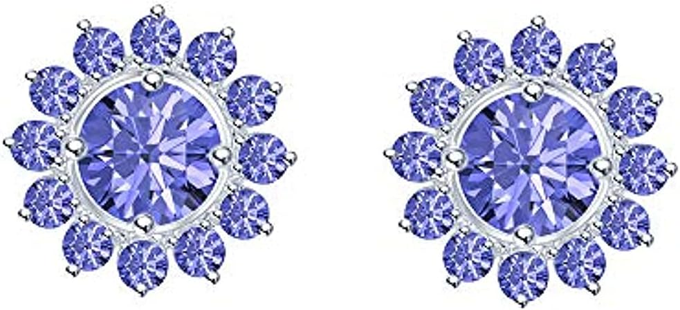Round Cut Blue Tanzanite 925 Sterling Silver 14K Gold Over Diamond Gemburst Halo Jacket Set Stud Earring for Women's