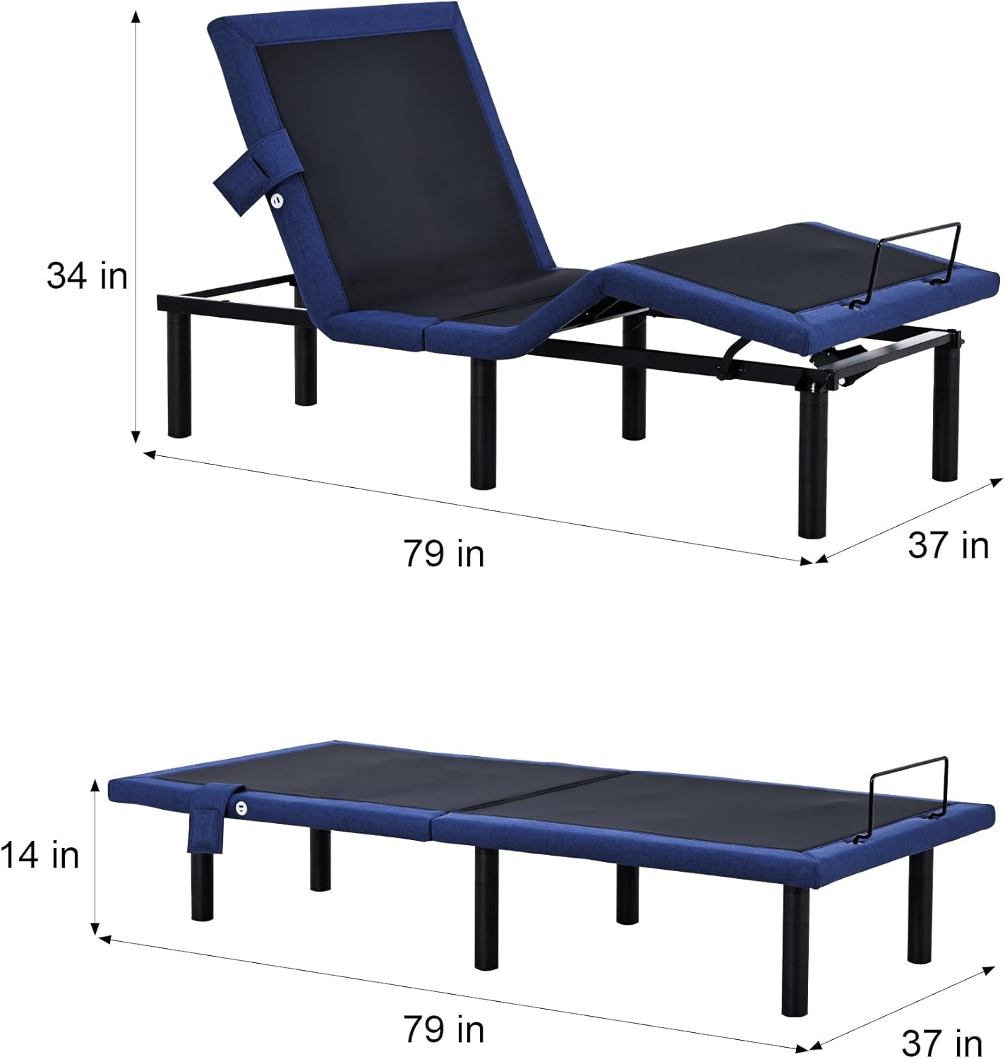 Diagram showing the dimensions of the Fromann Adjustable Bed Frame in both flat and inclined positions.