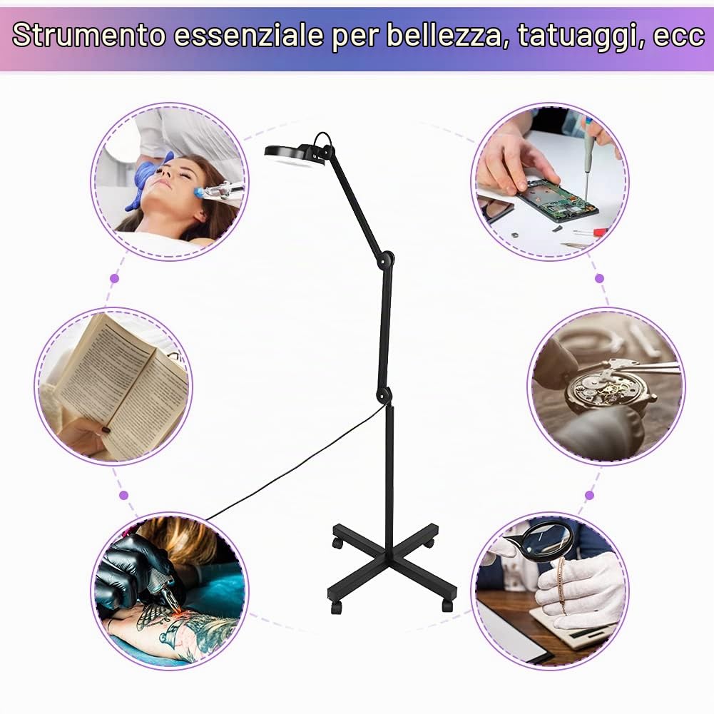 Lente 5 DIOTTRIE d'Ingrandimento, 5X Lente d' ingrandimento con LED e Rotelle, Luce per Estetista, Laboratorio e Lavori di Precisione, 220-240V, Nero